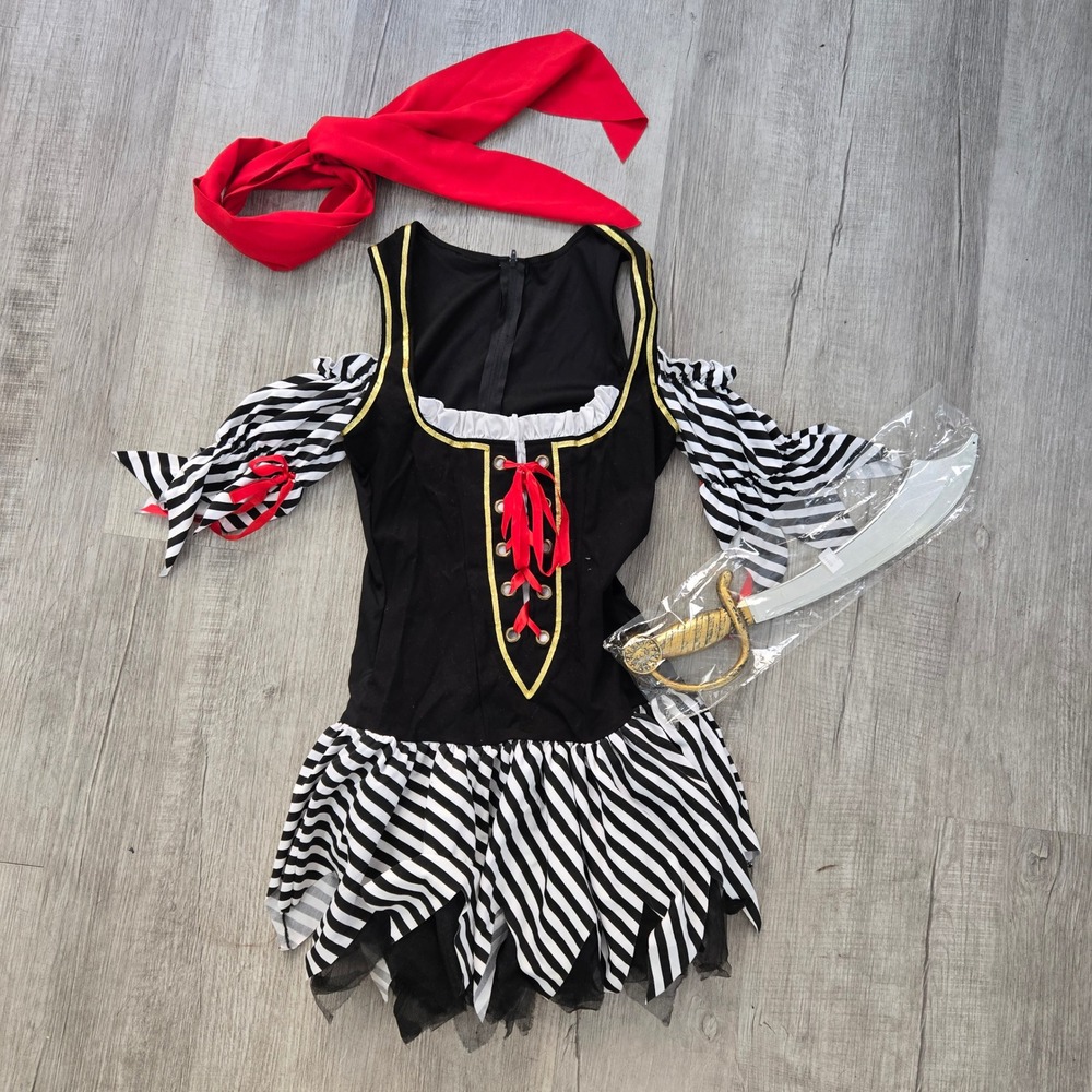 Leg Avenue Pirate Costume Women S/M Black Striped Dress Scarf Sword Halloween